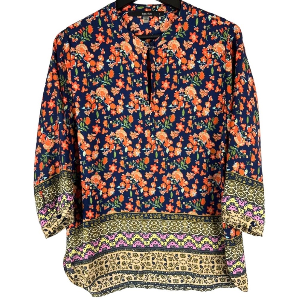 Stitch Fix Fun 2 Fun Women's S Split Neck Floral Bohemian Peasant Top Multicolor